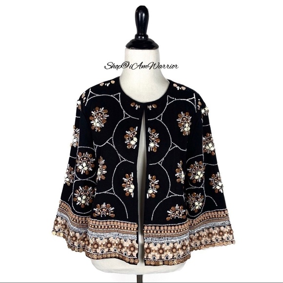 H&M NWT black embellished beaded cropped open 3/4 sleeve jacket *Shop@iAmWarrior - Picture 6 of 12